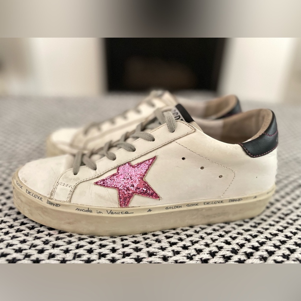 Golden Goose Hi Star Platform Sneakers White Leather Pink Glitter 39 size 8.5 - Picture 5 of 11